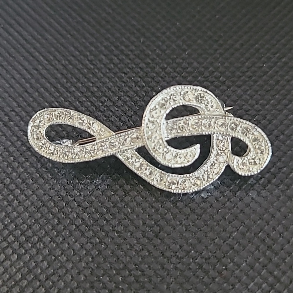 VINTAGE Rhinestone Treble Clef Music Note Brooch - Picture 4 of 12